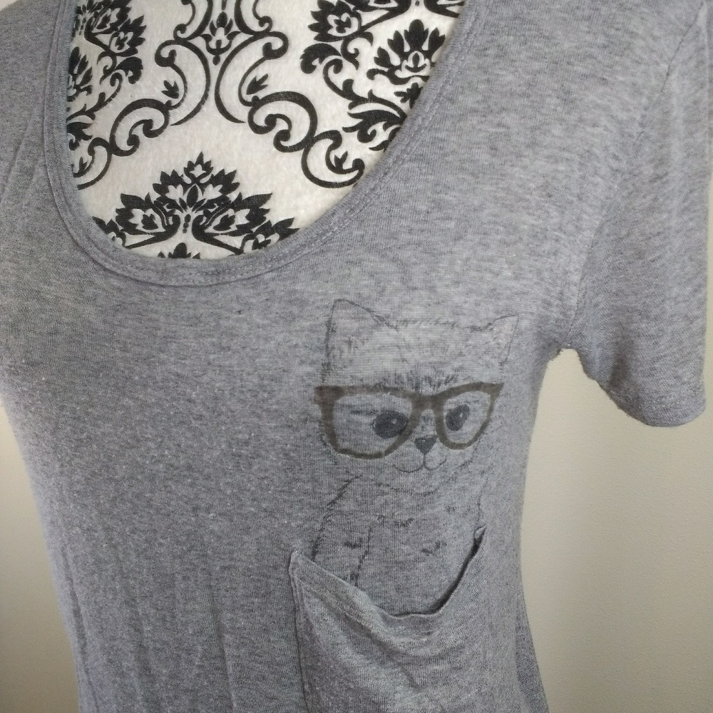 Gray Nerdy cat in pocket tee Medium (tiny flaw)
